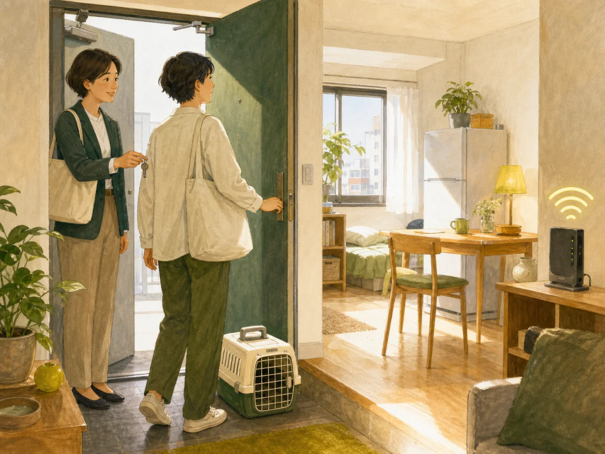 相談者が支援担当者と一緒に家具家電とWi-Fiのある新しい部屋へ入るイラスト