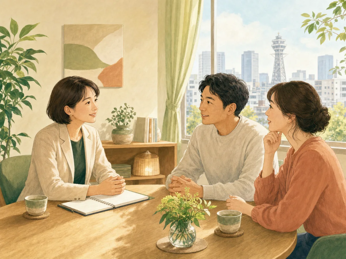 相談担当者が男性と女性の相談者から落ち着いて話を聞くイラスト